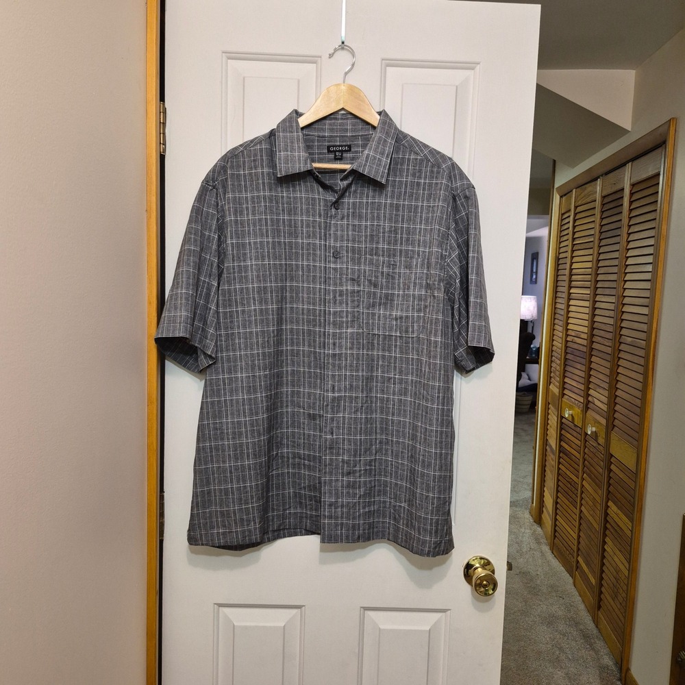 George Mens 2XL Grey Heather Plaid Short Sleeve Button Up Shirt GM27Y014B